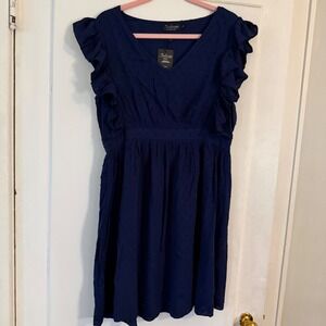 Solersun Womens Navy Blue Swiss Dot Ruffle Sleeve V-Neck Mini Dress Large NWT